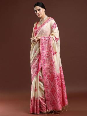 beige ethnic motifs woven design cotton saree with blouse 2