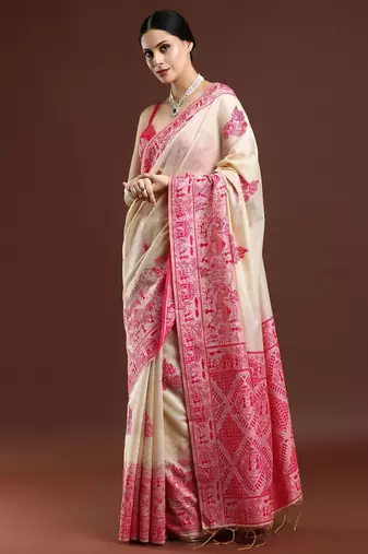 beige ethnic motifs woven design cotton saree with blouse