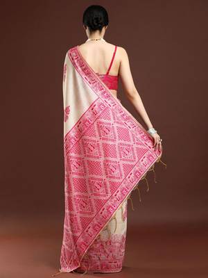 beige ethnic motifs woven design cotton saree with blouse 3