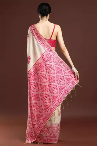 beige ethnic motifs woven design cotton saree with blouse