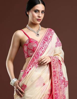 beige ethnic motifs woven design cotton saree with blouse 4