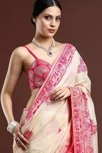 beige ethnic motifs woven design cotton saree with blouse