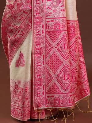 beige ethnic motifs woven design cotton saree with blouse 5