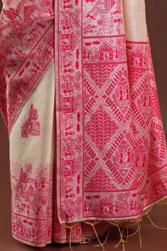 beige ethnic motifs woven design cotton saree with blouse