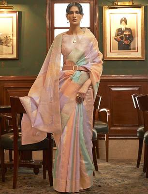 Sea green red floral sequinned saree 1