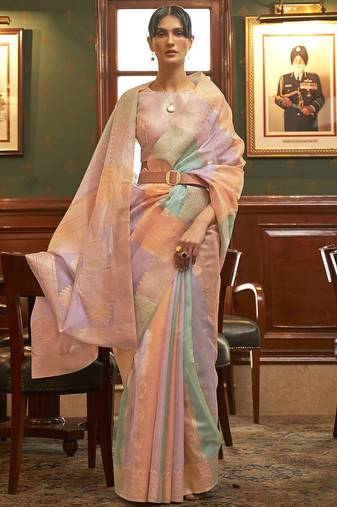 Sea green red floral sequinned saree