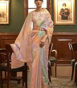 Sea green red floral sequinned saree