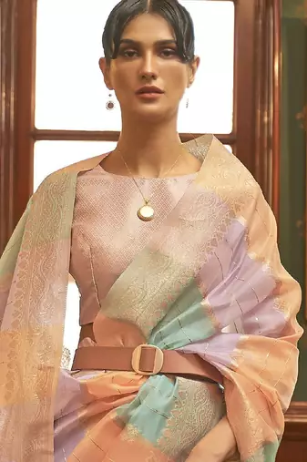 Sea green red floral sequinned saree