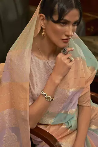 Sea green red floral sequinned saree