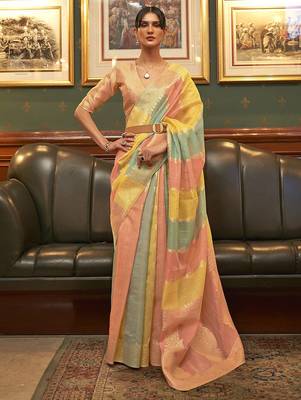 pink pink & yellow colourblocked zari organza banarasi saree 1
