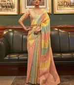 pink pink & yellow colourblocked zari organza banarasi saree