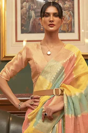 pink pink & yellow colourblocked zari organza banarasi saree
