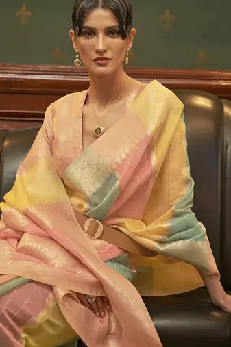 pink pink & yellow colourblocked zari organza banarasi saree