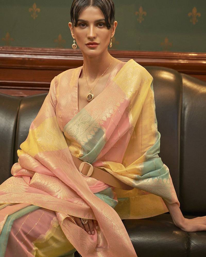 pink pink & yellow colourblocked zari organza banarasi saree