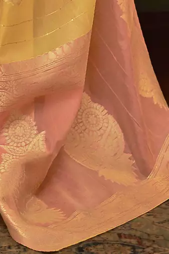 pink pink & yellow colourblocked zari organza banarasi saree