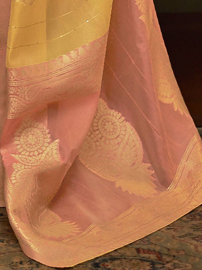 pink pink & yellow colourblocked zari organza banarasi saree