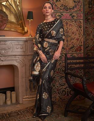 black black & gold-toned ethnic motifs zari silk blend banarasi saree 1