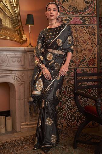 black black & gold-toned ethnic motifs zari silk blend banarasi saree