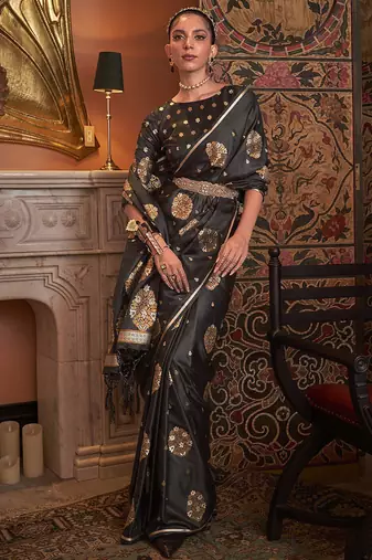 black black & gold-toned ethnic motifs zari silk blend banarasi saree