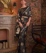 black black & gold-toned ethnic motifs zari silk blend banarasi saree