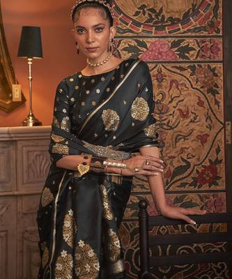 black black & gold-toned ethnic motifs zari silk blend banarasi saree 2