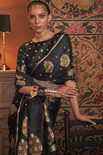 black black & gold-toned ethnic motifs zari silk blend banarasi saree