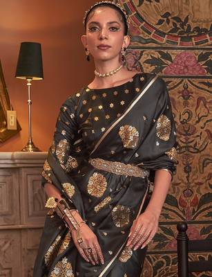 black black & gold-toned ethnic motifs zari silk blend banarasi saree 3