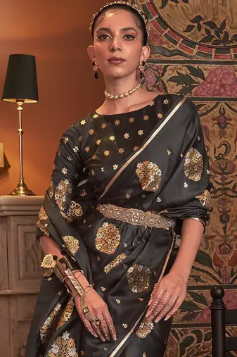 black black & gold-toned ethnic motifs zari silk blend banarasi saree