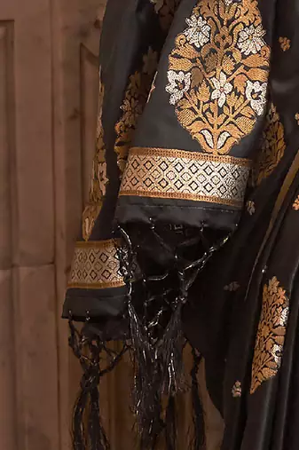 black black & gold-toned ethnic motifs zari silk blend banarasi saree