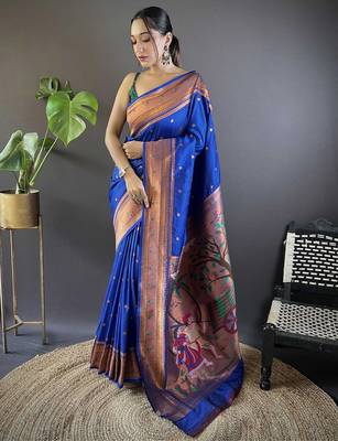 blue woven design zari silk blend paithani saree 1