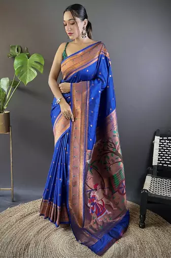 blue woven design zari silk blend paithani saree