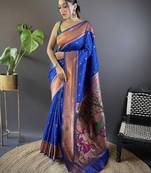 blue woven design zari silk blend paithani saree