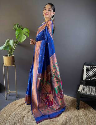 blue woven design zari silk blend paithani saree 2