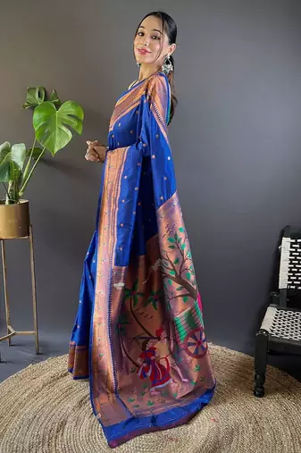 blue woven design zari silk blend paithani saree