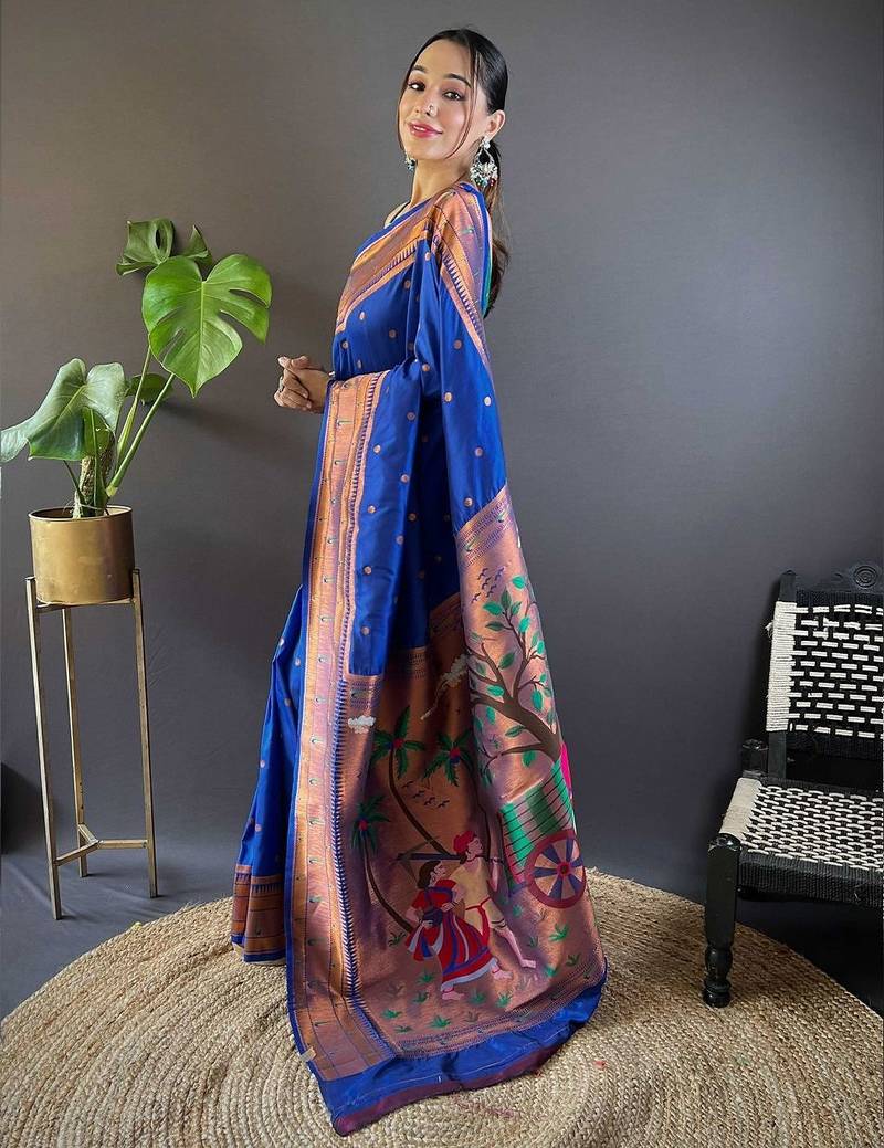 blue woven design zari silk blend paithani saree