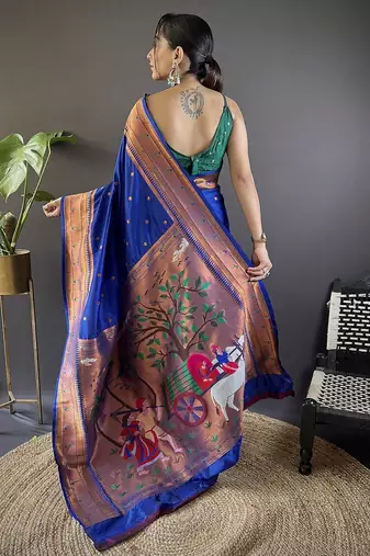 blue woven design zari silk blend paithani saree