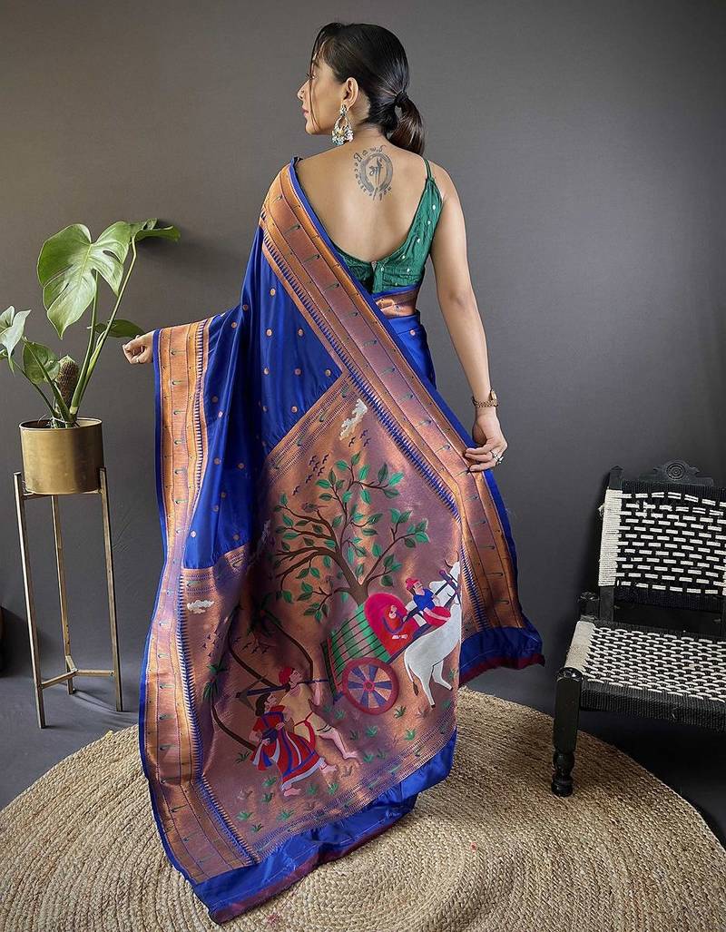 blue woven design zari silk blend paithani saree