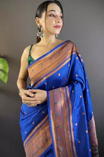 blue woven design zari silk blend paithani saree