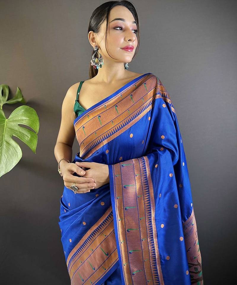 blue woven design zari silk blend paithani saree