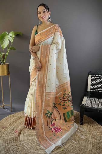 white woven design zari silk blend paithani saree