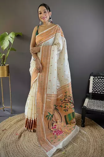 white woven design zari silk blend paithani saree