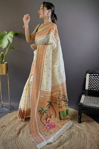 white woven design zari silk blend paithani saree