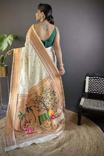 white woven design zari silk blend paithani saree
