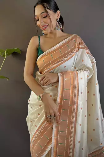 white woven design zari silk blend paithani saree