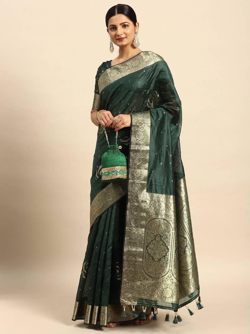 green embellished sequinned art silk saree