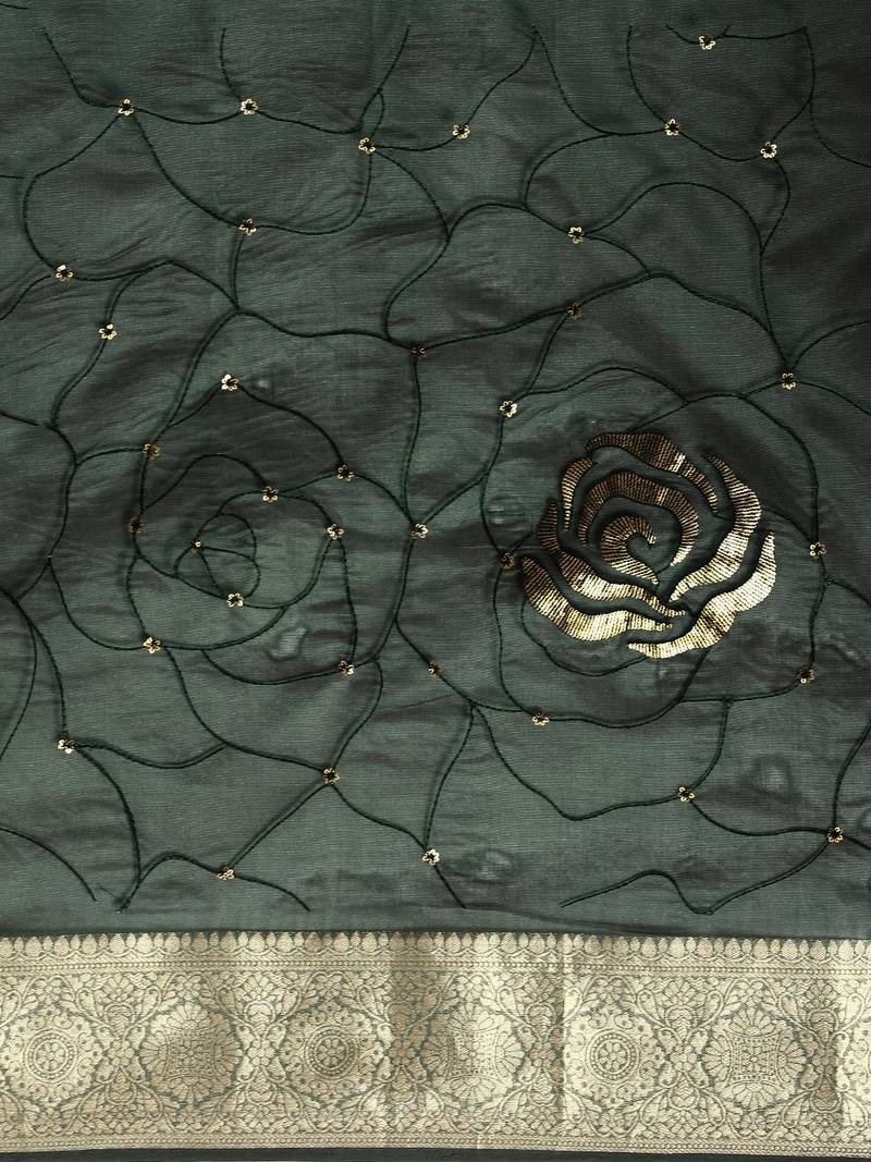 green embellished sequinned art silk saree
