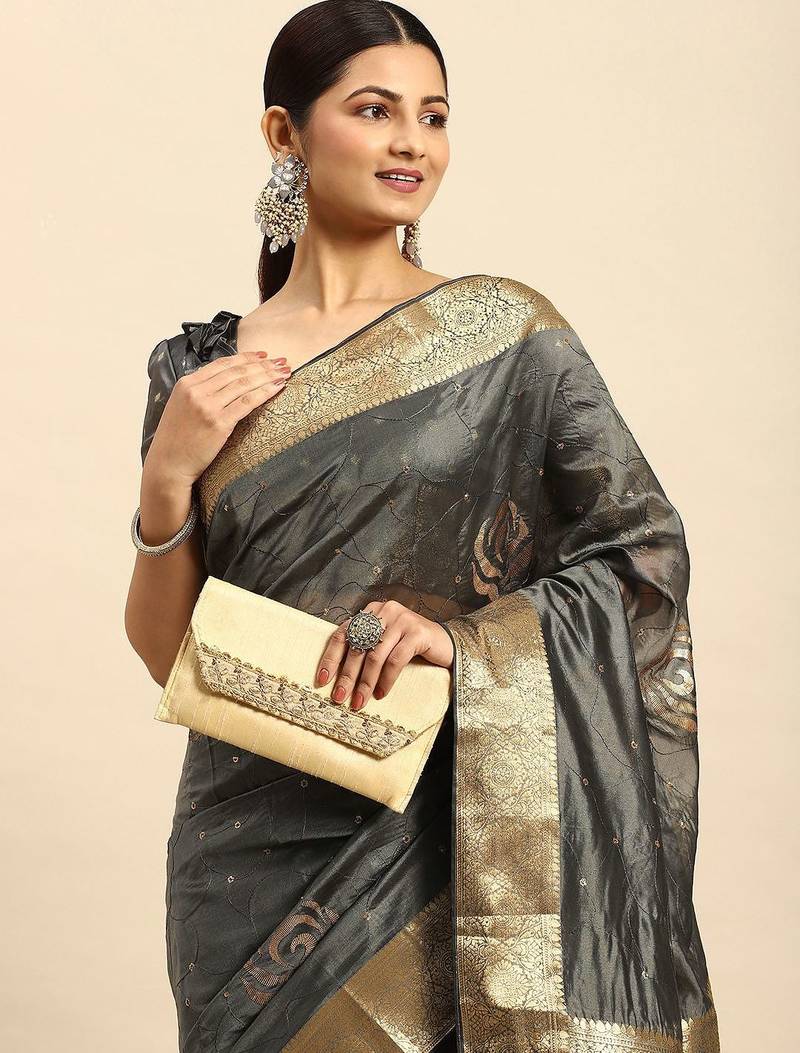 grey embellished sequinned art silk saree