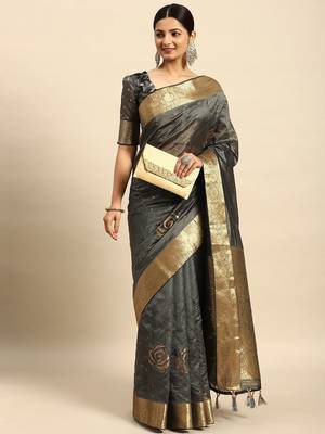 grey embellished sequinned art silk saree 2