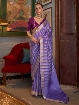 lavender striped woven design banarasi saree 1
