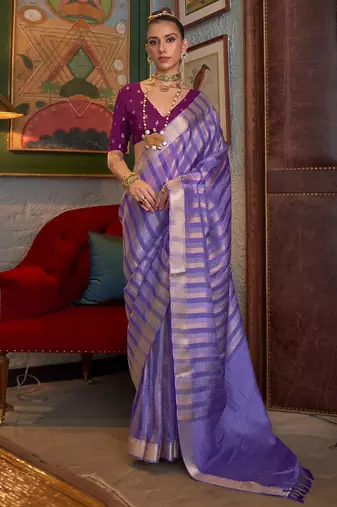 lavender striped woven design banarasi saree